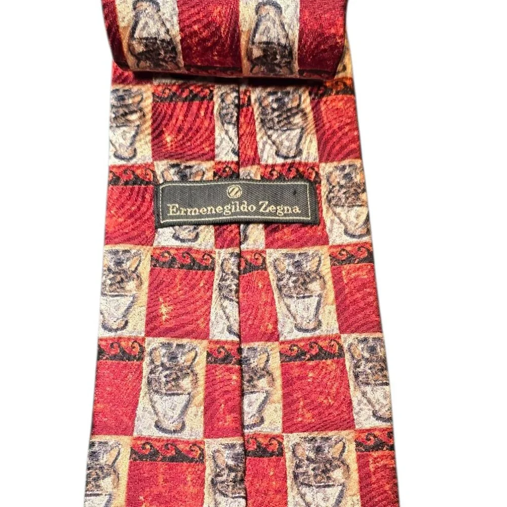 Ermenegildo Zegna 100% Silk Tie Red Gold Check Italian Designer Luxury Necktie